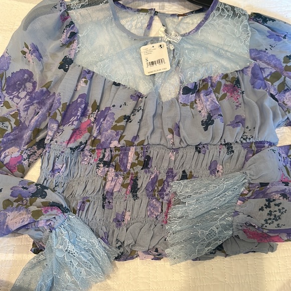 (5 for $75) NWT FREE PEOPLE daphne silver blue combo floral lace blouse - Picture 8 of 14
